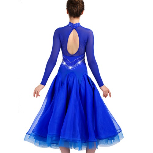 Competition ballroom dresses for women girls royal blue rhinestones stage performance waltz tango professional long sleeves dancing dresses